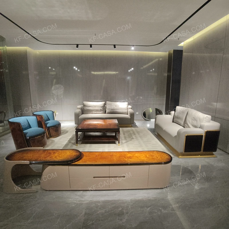 Luxury Light Gray Leather & Teal Velvet Sofa Set with Brand-Embossed Cushions & Gold Stainless Steel Base